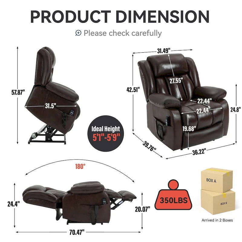 Dual Motor Infinite Position Up to 350 LBS Electric Medium size Genuine Leather Brown Power Lift Recliner Chair