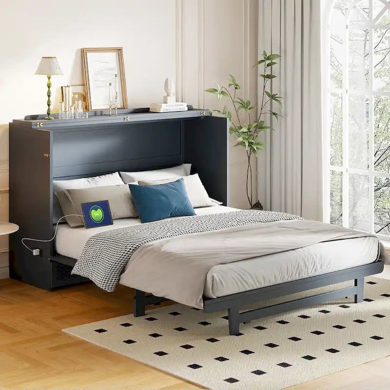 Queen Size Murphy Bed with Large Drawer,USB Ports and Outlets