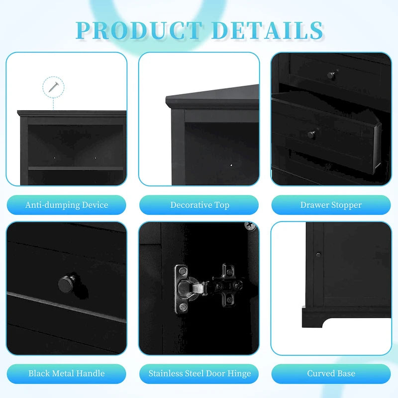 Black Triangle Tall Cabinet with 3 Drawers and Adjustable Shelves for Bathroom, Kitchen or Living Room