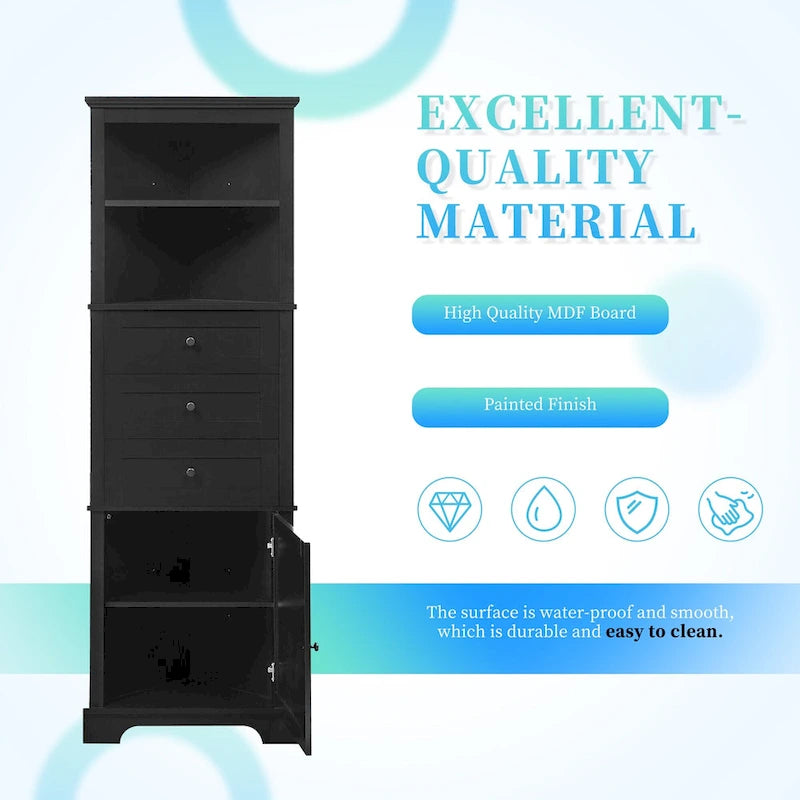 Black Triangle Tall Cabinet with 3 Drawers and Adjustable Shelves for Bathroom, Kitchen or Living Room