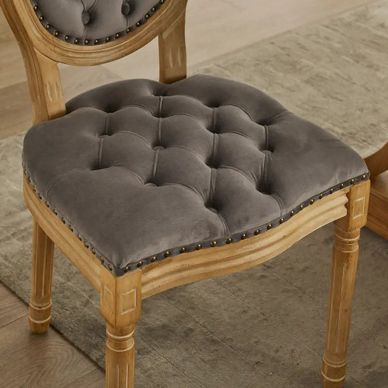 Solid Wood Frame Antique Dining Chair, Hand-Pulled Buckle Decoration Velvet Dining Chair with Nailhead Trim, Set of 2