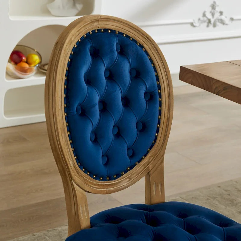 Solid Wood Frame Antique Dining Chair, Hand-Pulled Buckle Decoration Velvet Dining Chair with Nailhead Trim, Set of 2