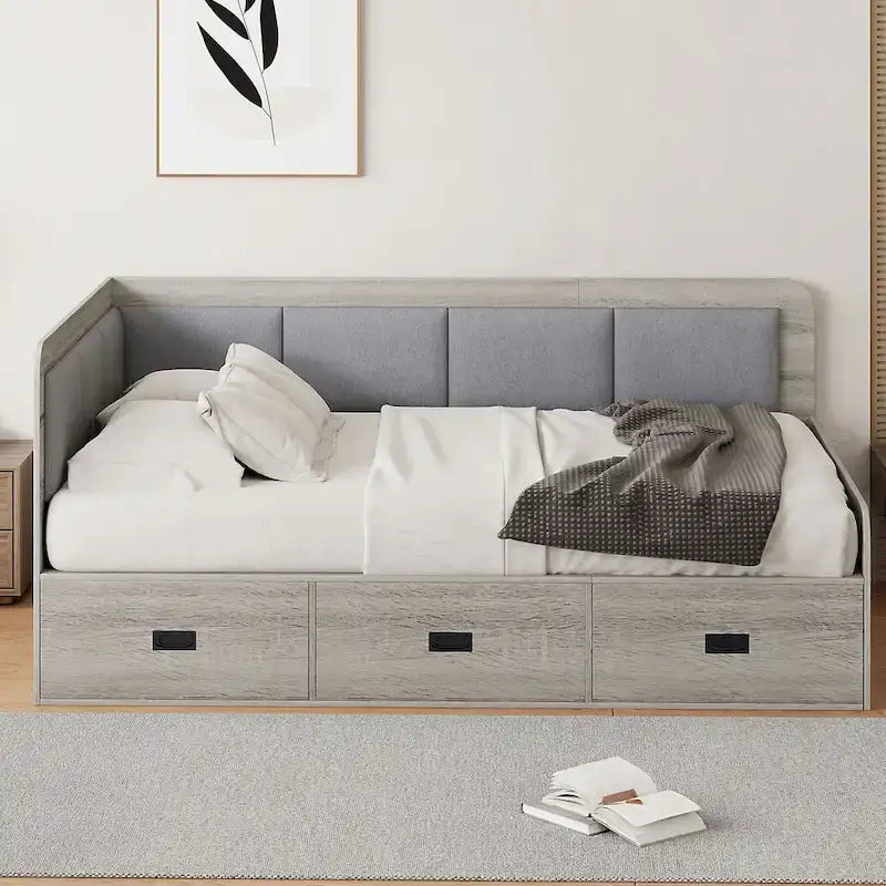 Wooden Daybed Sofa Bed Frame L-Shaped Storage Daybed with 3 Storage Drawers and 3 Built-in Storage Compartments