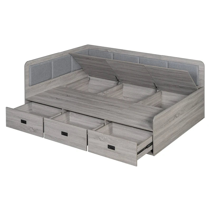 Wooden Daybed Sofa Bed Frame L-Shaped Storage Daybed with 3 Storage Drawers and 3 Built-in Storage Compartments