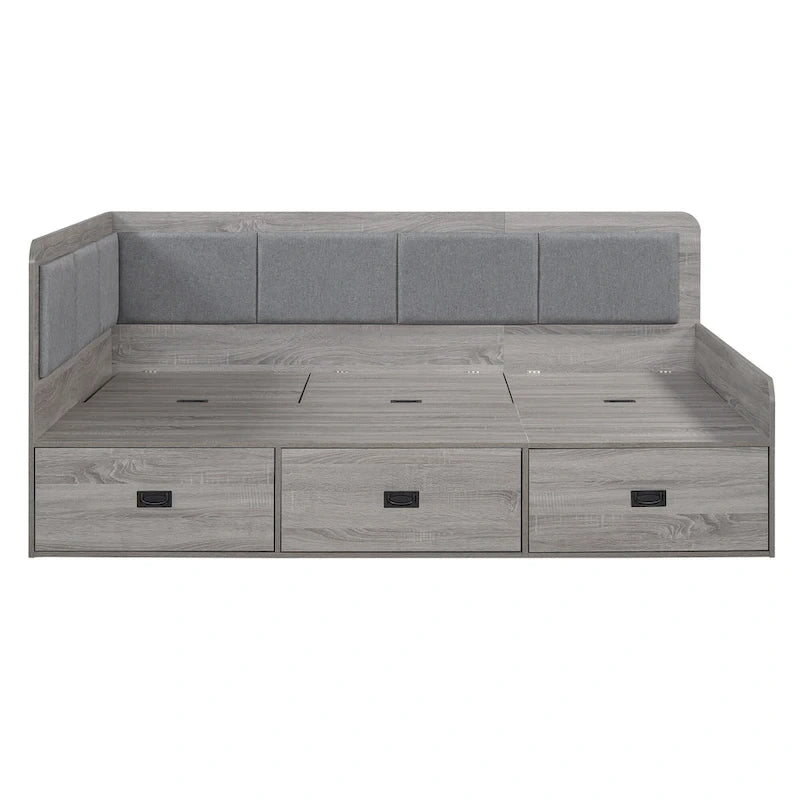 Wooden Daybed Sofa Bed Frame L-Shaped Storage Daybed with 3 Storage Drawers and 3 Built-in Storage Compartments