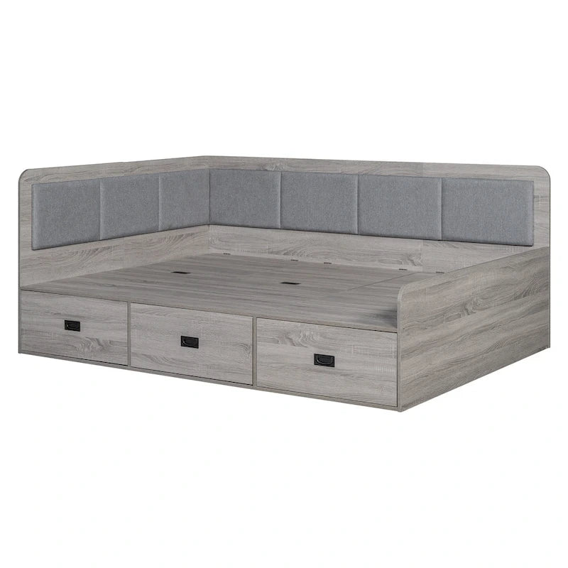 Wooden Daybed Sofa Bed Frame L-Shaped Storage Daybed with 3 Storage Drawers and 3 Built-in Storage Compartments