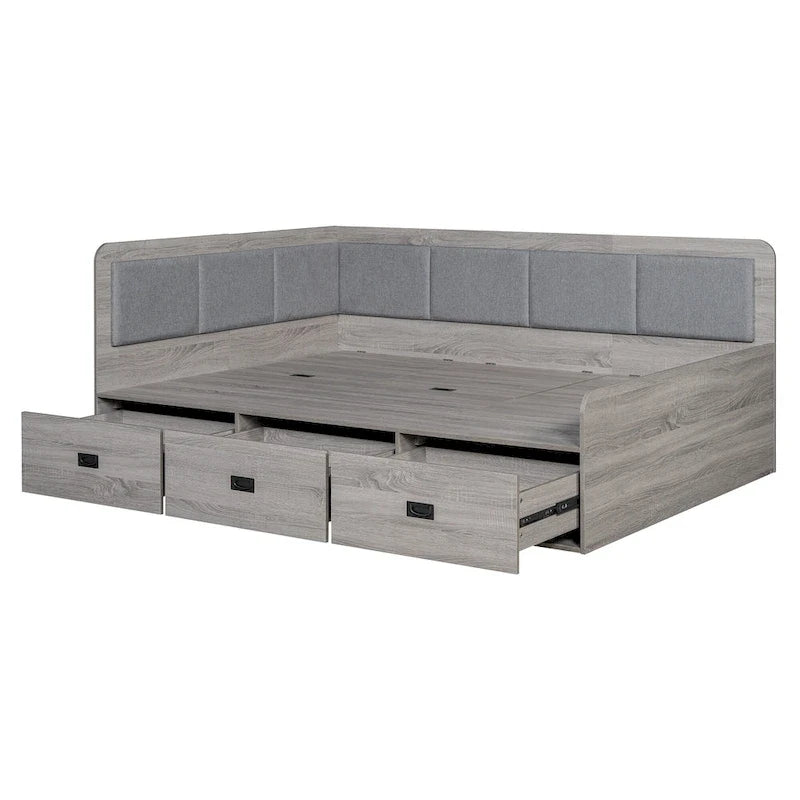 Wooden Daybed Sofa Bed Frame L-Shaped Storage Daybed with 3 Storage Drawers and 3 Built-in Storage Compartments