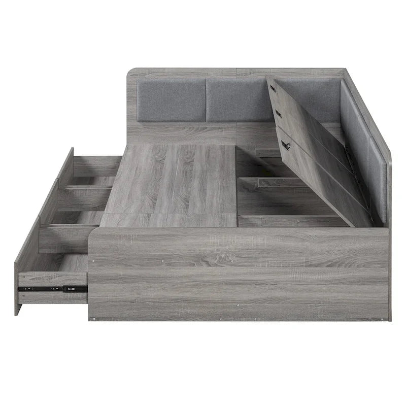 Wooden Daybed Sofa Bed Frame L-Shaped Storage Daybed with 3 Storage Drawers and 3 Built-in Storage Compartments