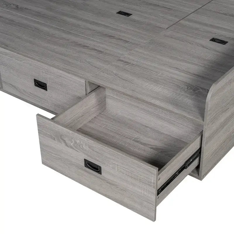 Wooden Daybed Sofa Bed Frame L-Shaped Storage Daybed with 3 Storage Drawers and 3 Built-in Storage Compartments