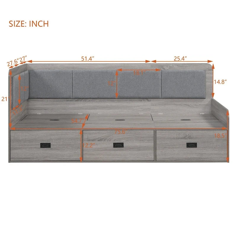 Wooden Daybed Sofa Bed Frame L-Shaped Storage Daybed with 3 Storage Drawers and 3 Built-in Storage Compartments
