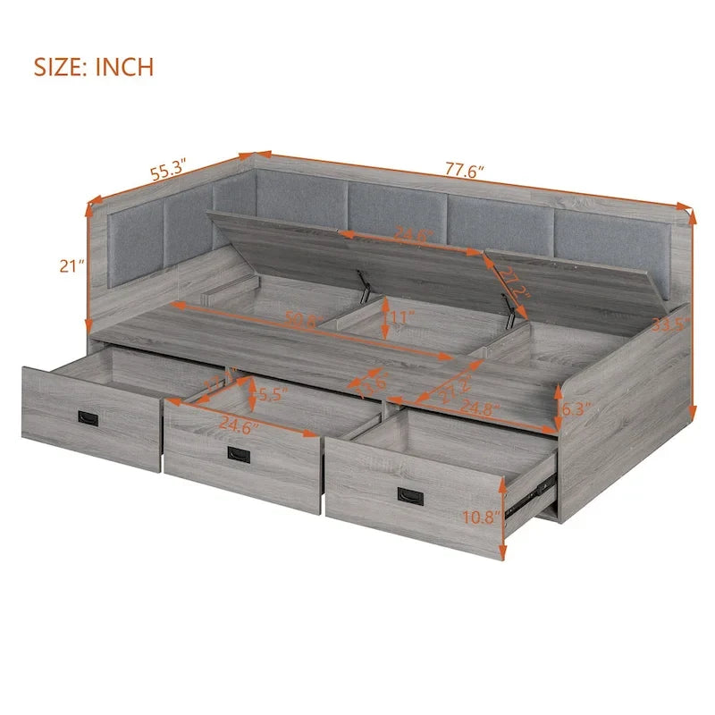 Wooden Daybed Sofa Bed Frame L-Shaped Storage Daybed with 3 Storage Drawers and 3 Built-in Storage Compartments