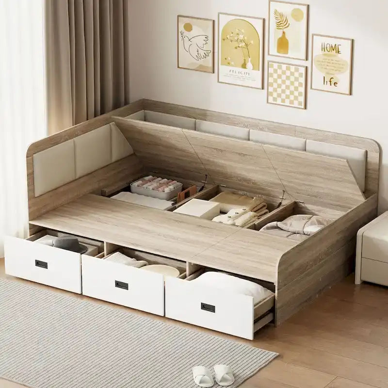 Wooden Daybed Sofa Bed Frame L-Shaped Storage Daybed with 3 Storage Drawers and 3 Built-in Storage Compartments