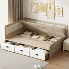 Wooden Daybed Sofa Bed Frame L-Shaped Storage Daybed with 3 Storage Drawers and 3 Built-in Storage Compartments