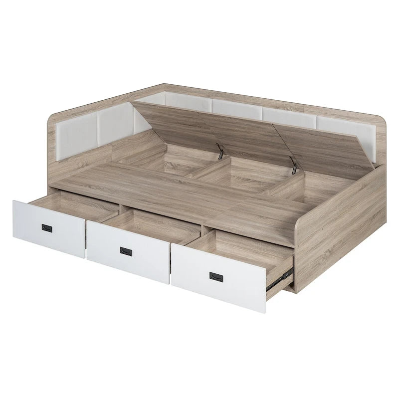 Wooden Daybed Sofa Bed Frame L-Shaped Storage Daybed with 3 Storage Drawers and 3 Built-in Storage Compartments