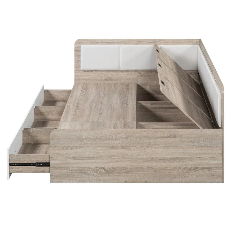 Wooden Daybed Sofa Bed Frame L-Shaped Storage Daybed with 3 Storage Drawers and 3 Built-in Storage Compartments