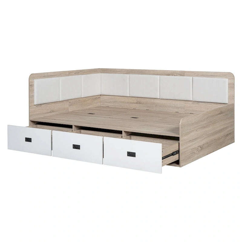 Wooden Daybed Sofa Bed Frame L-Shaped Storage Daybed with 3 Storage Drawers and 3 Built-in Storage Compartments