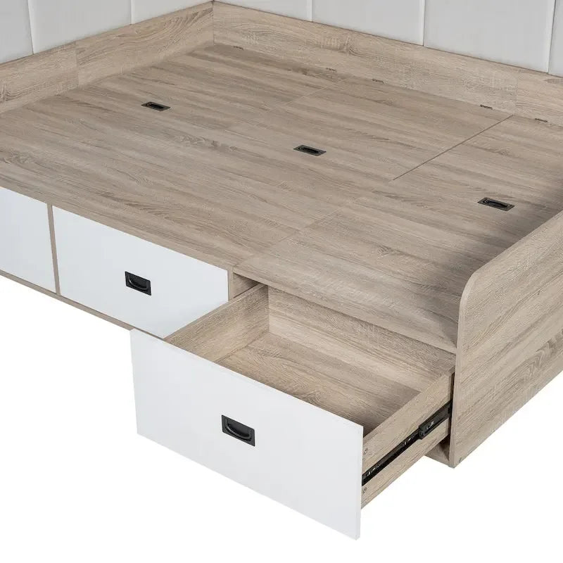 Wooden Daybed Sofa Bed Frame L-Shaped Storage Daybed with 3 Storage Drawers and 3 Built-in Storage Compartments