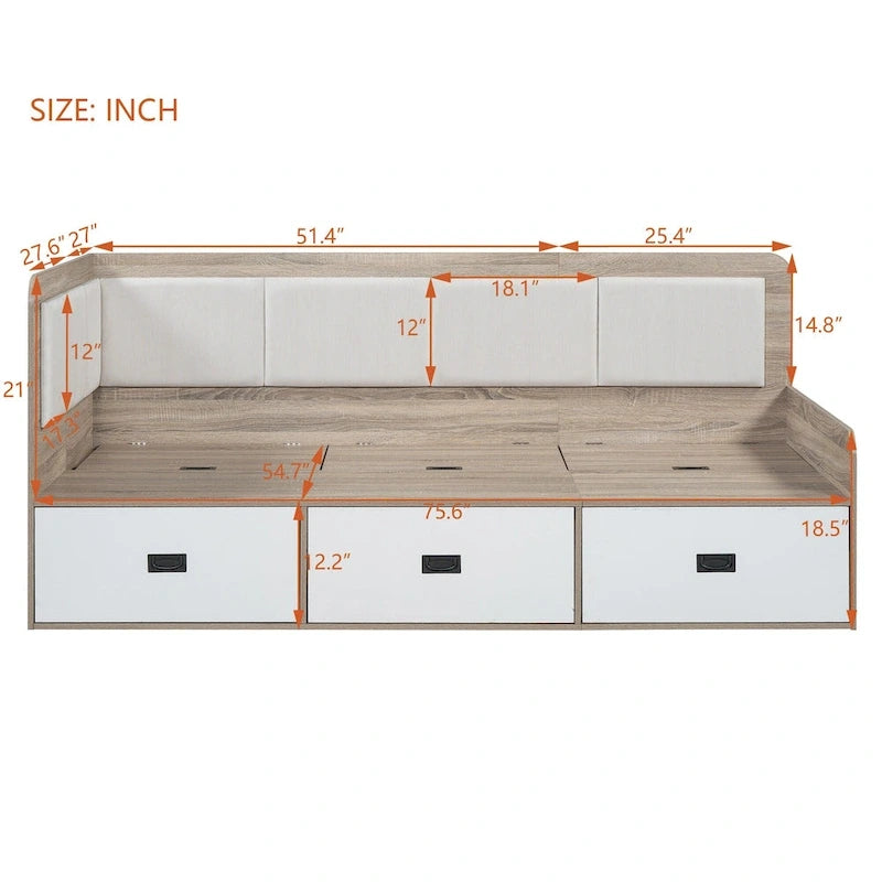 Wooden Daybed Sofa Bed Frame L-Shaped Storage Daybed with 3 Storage Drawers and 3 Built-in Storage Compartments