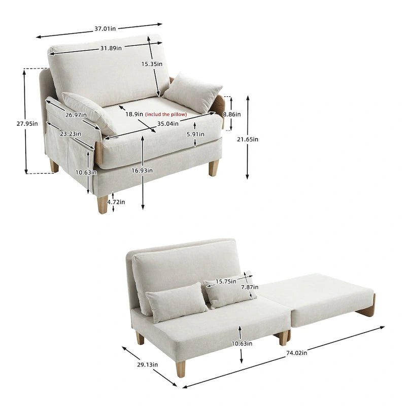 Chenille Upholstered 3-in-1 Convertible Sleeper Foldable Sofa Bed Recliner Chair with 3 Pillows