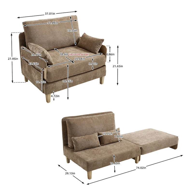 Chenille Upholstered 3-in-1 Convertible Sleeper Foldable Sofa Bed Recliner Chair with 3 Pillows