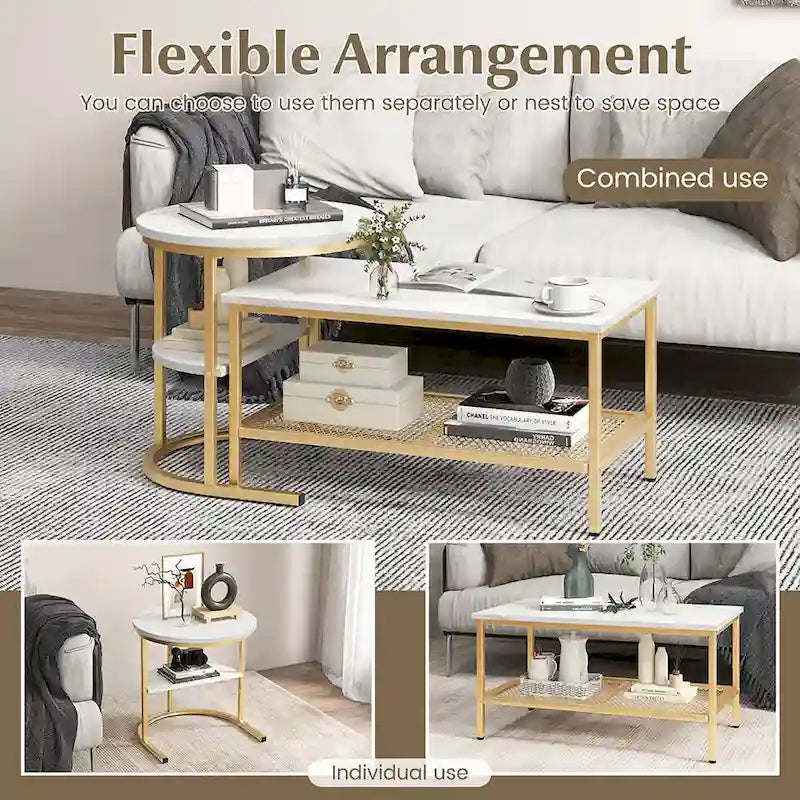 Gymax Nesting Coffee Table Set of 2 Faux Marble Top Detachable w/