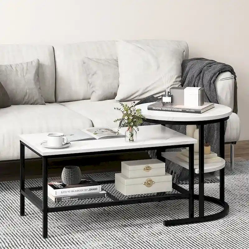 Gymax Nesting Coffee Table Set of 2 Faux Marble Top Detachable w/