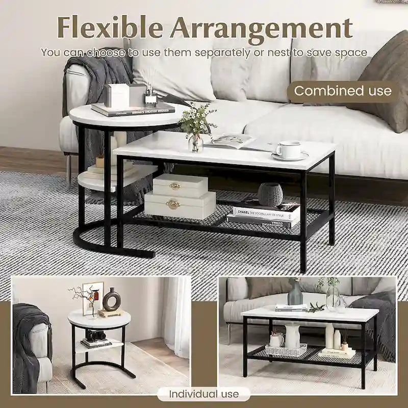 Gymax Nesting Coffee Table Set of 2 Faux Marble Top Detachable w/
