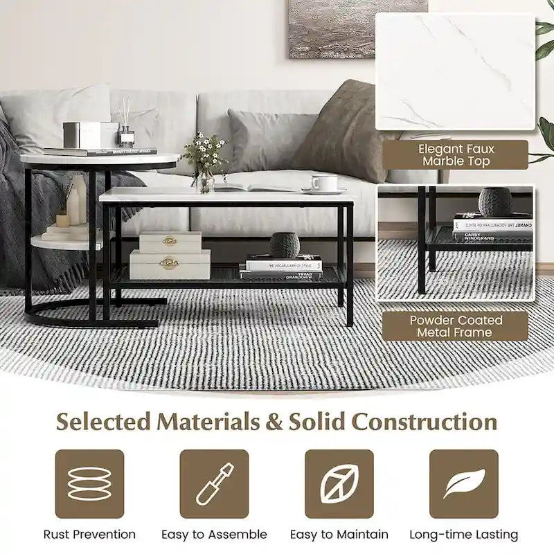 Gymax Nesting Coffee Table Set of 2 Faux Marble Top Detachable w/