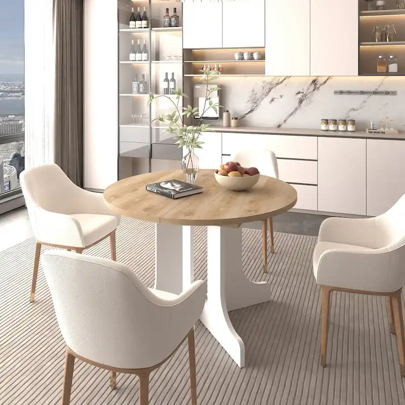 Elegant Farmhouse Round Dining Table with Adjustable Length and X-Base Be Used for Modern Dining Room