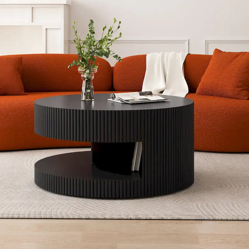 Double Layer Round Coffee Table Modern Center Table Vertical Striped Coffee Table with Storage Space, for Living Room