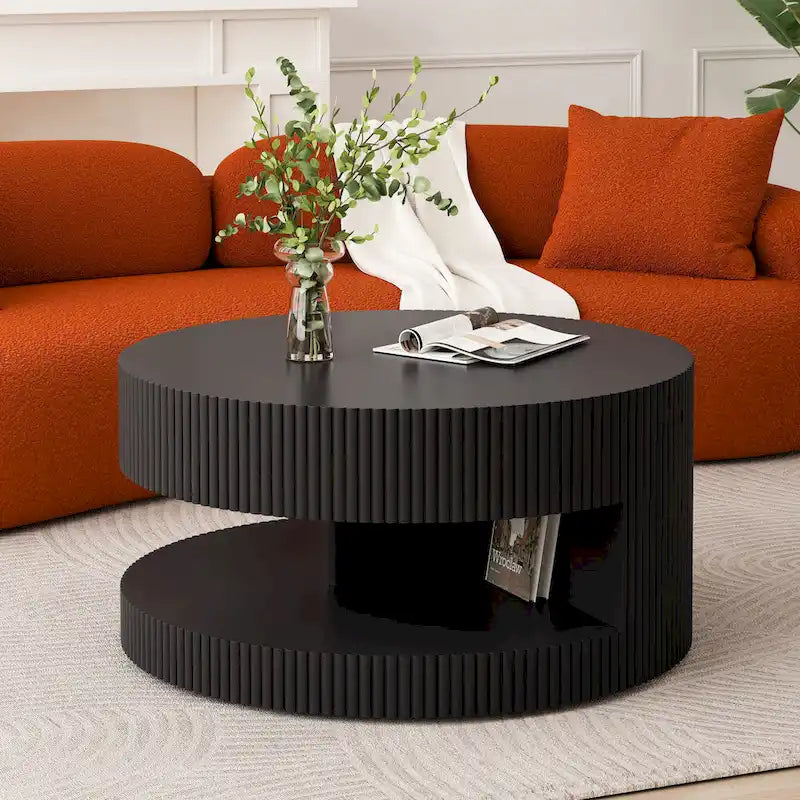 Double Layer Round Coffee Table Modern Center Table Vertical Striped Coffee Table with Storage Space, for Living Room