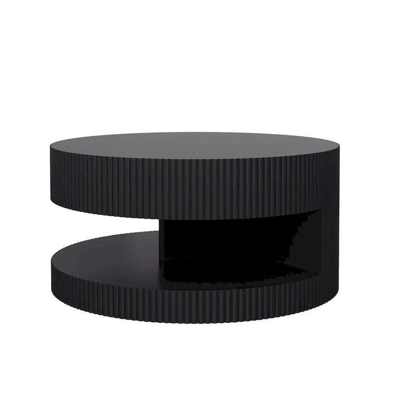 Double Layer Round Coffee Table Modern Center Table Vertical Striped Coffee Table with Storage Space, for Living Room