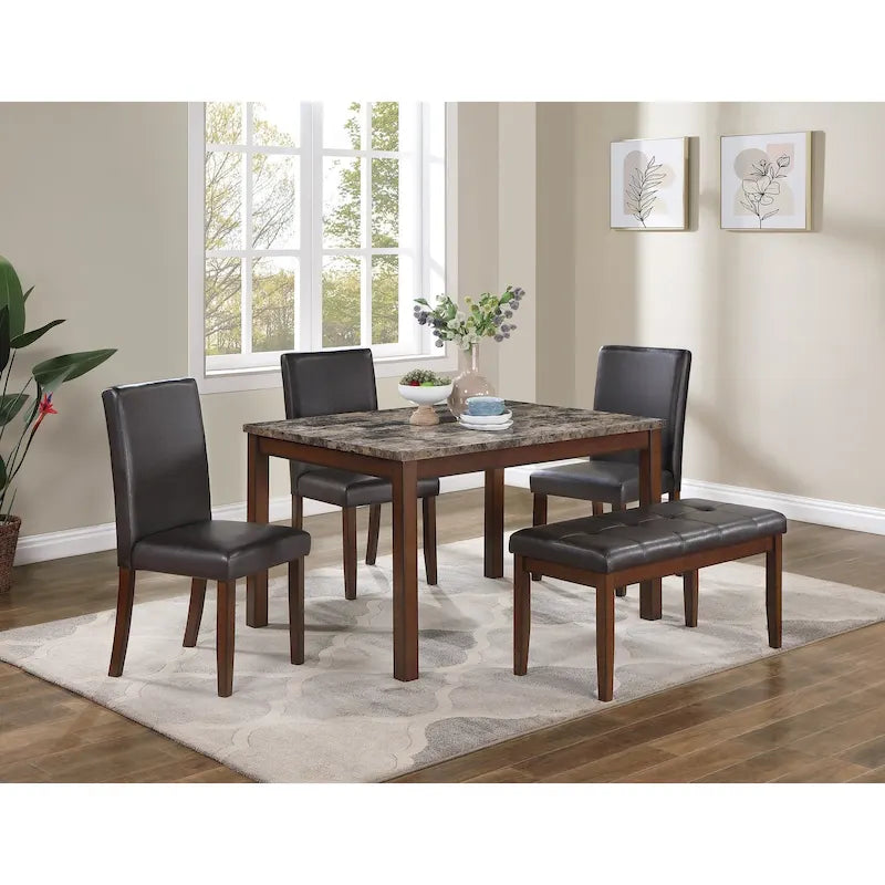 5 Piece Dining Table Set, Kitchen Dinette Set with Faux Marble Top Table, Bench and 3 Faux Leather Cushioned Chairs