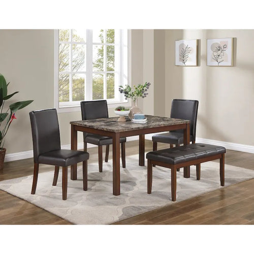 5 Piece Dining Table Set, Kitchen Dinette Set with Faux Marble Top Table, Bench and 3 Faux Leather Cushioned Chairs