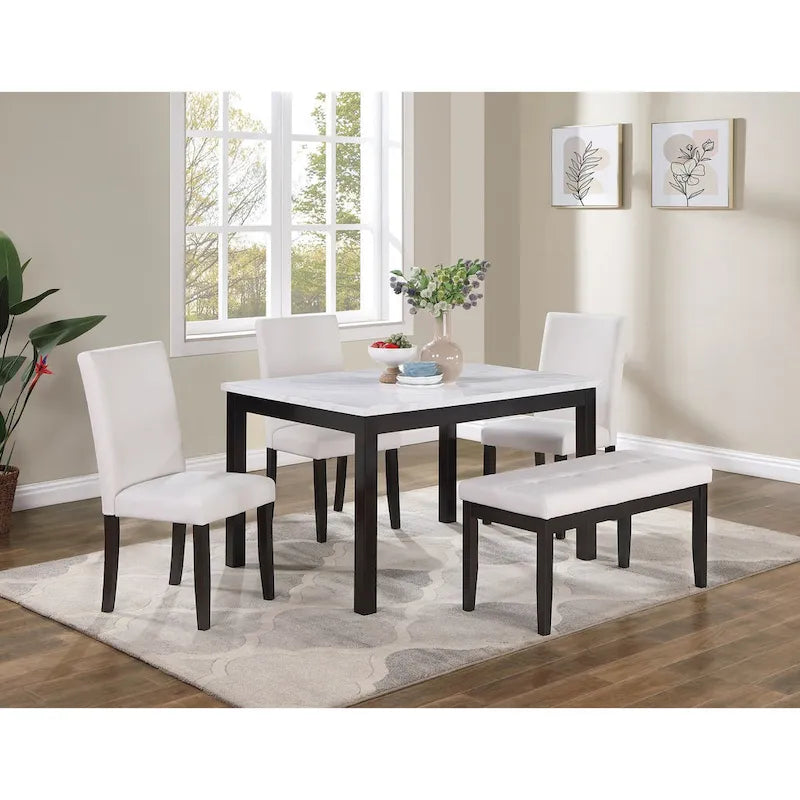 5 Piece Dining Table Set, Kitchen Dinette Set with Faux Marble Top Table, Bench and 3 Faux Leather Cushioned Chairs