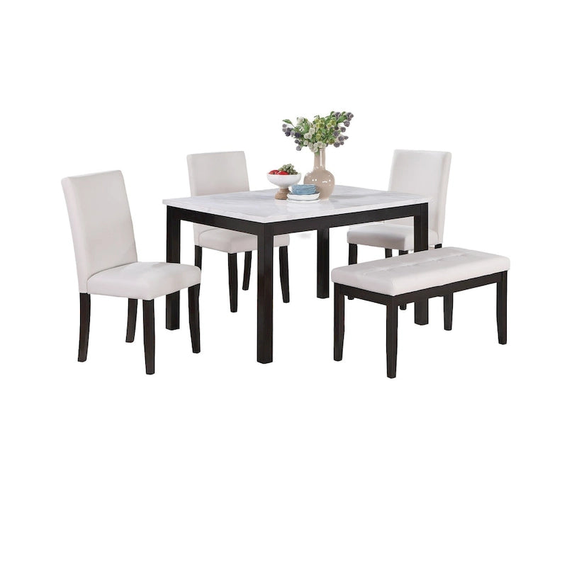5 Piece Dining Table Set, Kitchen Dinette Set with Faux Marble Top Table, Bench and 3 Faux Leather Cushioned Chairs