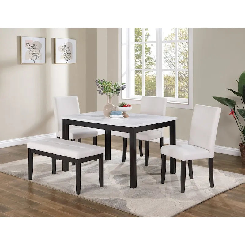 5 Piece Dining Table Set, Kitchen Dinette Set with Faux Marble Top Table, Bench and 3 Faux Leather Cushioned Chairs