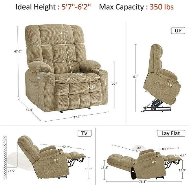 MCombo Dual Motor Power Lift Recliner Chair with Massage and Heat for Big People, Fabric R7891 (Large-Wide)