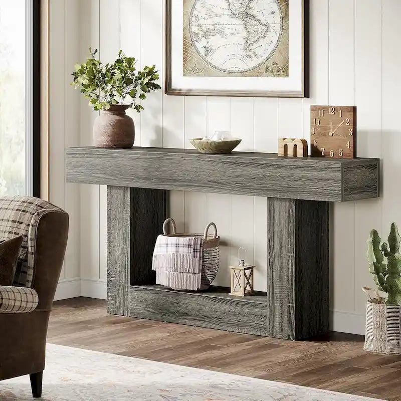 Farmhouse 2 Tiers Entryway Table, 63 Inches Console Table, Narrow Sofa Table