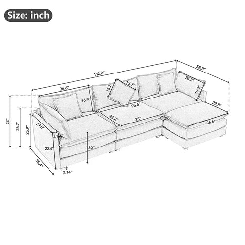 Blue 112.2 Modern L-Shaped 4-Seat Sofa with Removable Ottoman