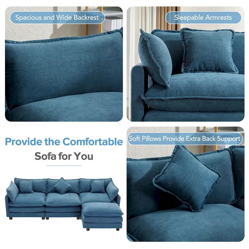 Blue 112.2 Modern L-Shaped 4-Seat Sofa with Removable Ottoman
