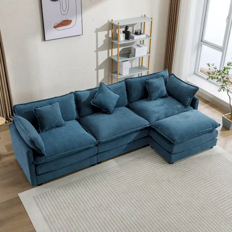 Blue 112.2 Modern L-Shaped 4-Seat Sofa with Removable Ottoman
