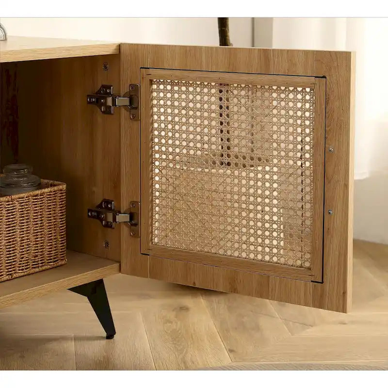 Oak Rattan TV Stand Storage Cabinet Entertainment Center 51.2 Inch - 16.00 x 51.20 x 20.50
