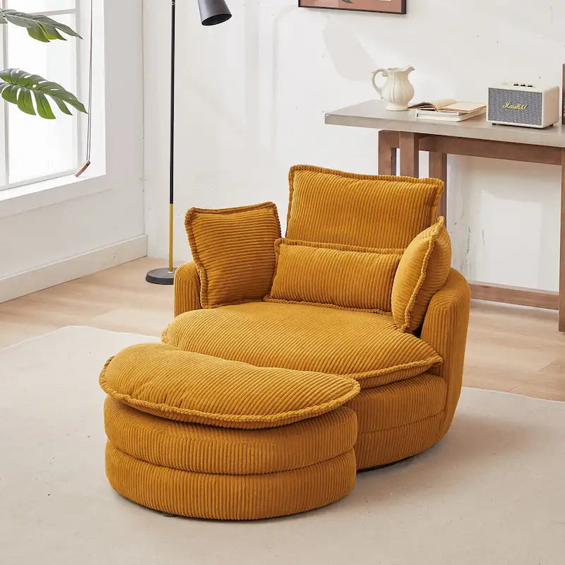Oversized Swivel Barrel Chair with moon storage ottoman