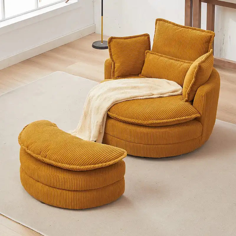 Oversized Swivel Barrel Chair with moon storage ottoman