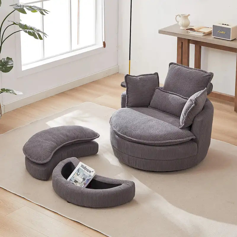 Oversized Swivel Barrel Chair with moon storage ottoman