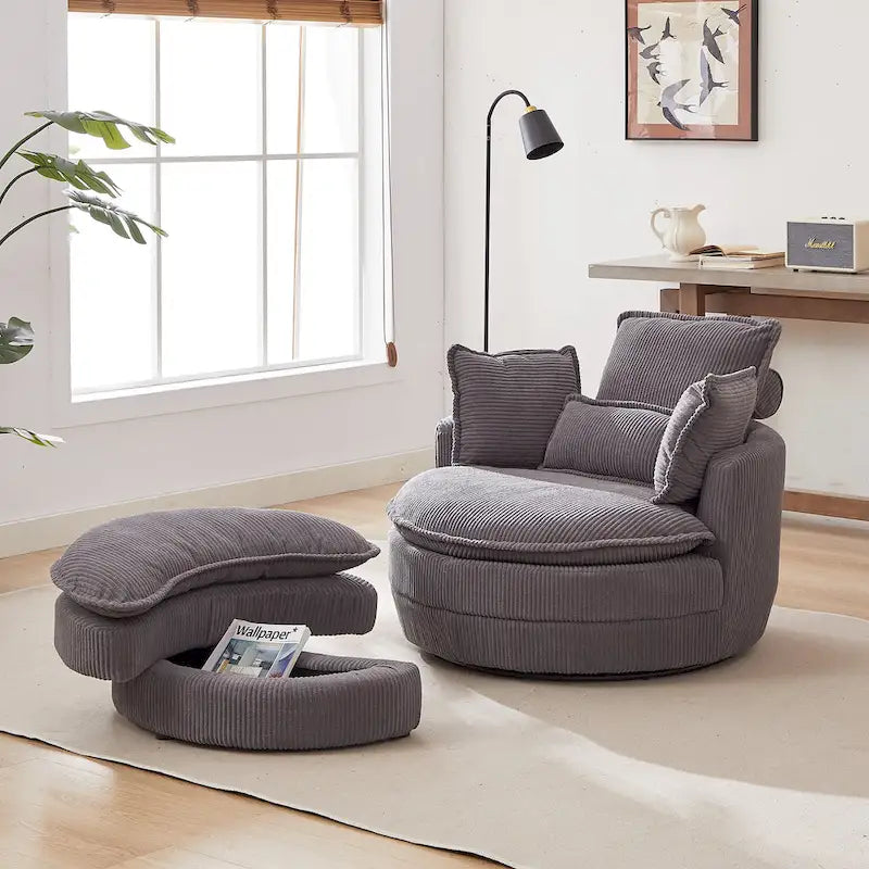 Oversized Swivel Barrel Chair with moon storage ottoman
