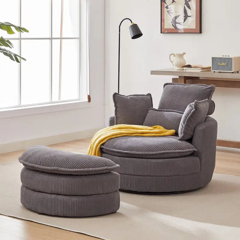 Oversized Swivel Barrel Chair with moon storage ottoman