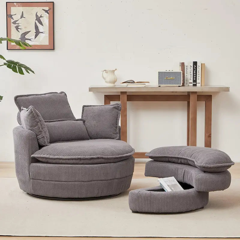 Oversized Swivel Barrel Chair with moon storage ottoman