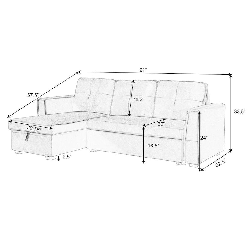 91-in. Velvet Reversible Convertible Storage Sectional/Sofa Sleeper